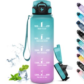 Grsta Drinking Bottle 1 L, Water Bottle with Straw, Sports Water Bottle, Can Be Carried, Drinking Bottle Leak-Proof with Time, Adult Drinking Bottle for Fitness, Hiking, Camping, Yoga