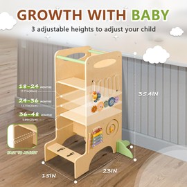 aiwo Toddler Tower Kitchen Step Stool, 3 Adjustable Height Standing Tower for Kitchen Counter, Chalkboard & Montessori Learning Activities