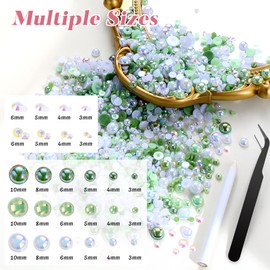 100g Mix Flatback Pearls and Rhinestones for Crafting,Green 3-10mm Resin Rhinestones and Half Pearls for Bedazzling, Nail Art Face Makeup Craft DIY Decoration