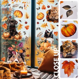 WALPLUS Autumn Window Stickers Clings Home Decorations Sale Clearance Removable Reusable Double-Sided Print Decals for Glass Living Room Windows Display Cats & Dogs Enjoying The Autumn Season 123 Pcs