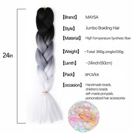Black and White Braiding Hair Pre stretched Extensions Ombre Braiding Hair 24inch 3Pcs Jumbo Hair Synthetic Extensions # Black-grey-white