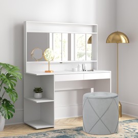 Joveco Modern Round Ottoman, Velvet Upholstered Tufted Vanity Stool with Soft Padded Seat, Side Table Footrest Stool for Living Room Bedroom Home Office,Grey