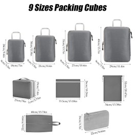 AKOLAFE 9PCS Packing Cubes for Suitcases, Compression Packing Cubes Grey Go Travel Organiser Cubes Lightweight Compression Suitcase Packing Cubes for Luggage, Backpack