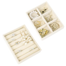 Nwvuop 2 Pack Jewellery Organiser Tray Stackable Velvet 6-Compartment Jewellery Trays Ring Trays Small Jewelry Drawer Organizer 4.92× 3.74× 1 inches(Beige)