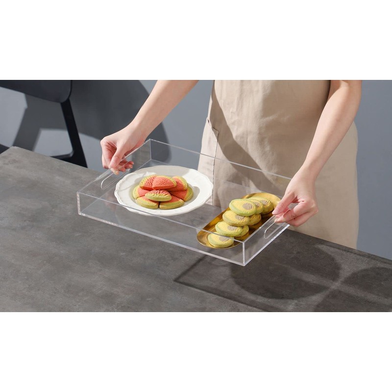 BEYLANG Clear Sturdy Acrylic Serving Tray with Handles-12x20Inch-Serving Coffee,Appetizer,Breakfast,Butler-Kitchen Countertop