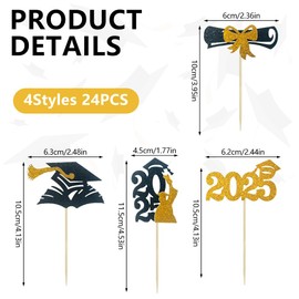 Bekecidi 24Pcs Gold Graduation Cupcake Toppers, Graduation Cap Non-Edible Cupcake Toppers for Party Decorations,4 Designs for 2025 Celebration