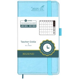 BEZEND 2 Year Calendar 2025 2026, Diary 16.8 x 9.7 cm, 1 Month on 2 Pages from Jan 2025 to Dec 2026, PU Leather Hardcover Monthly Planner with Inner Pocket - Sky Blue