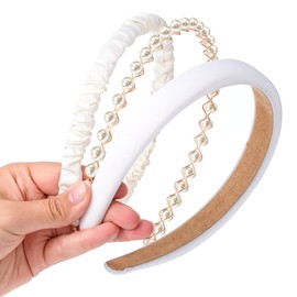 YBEATY 3 Pcs White Pearl Headbands Padded Wide Thick Solid Sponge Headbands Non-Slip Twisted Padded No Teeth Hair Accessory Different Designs for Women Girls Brides Weddings
