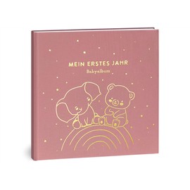 My First Year Baby Album - High-Quality Linen Book with Gold Embossing for the Most Beautiful Memories - Baby Book to Enter for the First Year of Life - Baby Gift for Birth (Rainbow Rose)