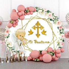 AOFOTO 4x4ft Mi Bautizo Round Backdrop Cover Polyester Baby Baptism First Holy Communion Circle Photography Background Floral Flowers Leaves Angel Cross Baby Shower Party Decors Photo Shoot Props