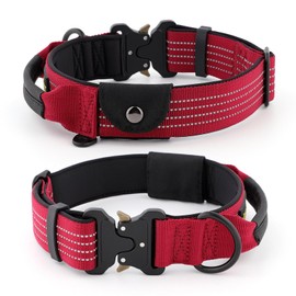 Plutus Pet Tactical Dog Collar with Tracker Packet for AirTag, Adjustable Reflective Nylon Collar, Metal Buckle, Leather-Wrapped Handle, Soft Padded for Medium Large Dogs (Burgundy Red, M)