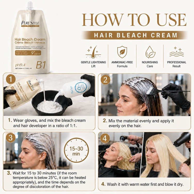 PureStyle Ammonia-Free Hair Bleach Cream, 9+ Level Lift 7.03fl oz(200ml)