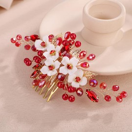Rumtock Red Crystal Beads 3D White Rose Flower Hair Comb for Wedding Women Bridal Handmade Gold Hair Piece Accessories (Red)