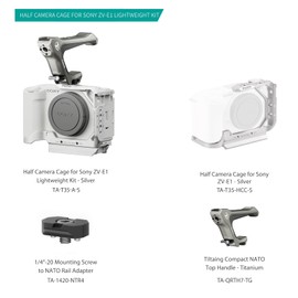 TILTA Half Camera Cage Compatible with Sony ZV-E1 with Compact NATO Top Handle and 1/4″-20 Mounting Screw to NATO Rail Adapter Lightweight Kit - Silver TA-T35-A-S