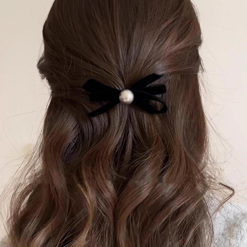 ベロア リボン ヘアアクセ 黒 ヘアクリップ 子供 2個セット 小さめ 髪飾 前髪