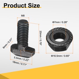 sourcing map 8pcs M8x20mm t Slot Drop-in Bolt, Carbon Steel Hammer Head Bolts t Shape Stud Sliding Screw with M8 Hexagon Flange Nuts for European Standard 40 Series Aluminum Profile