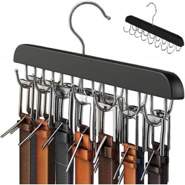 1 Pack Wooden Belt and Tie Rack with,16 Hooks Belt Hanger Wooden Belt Rack,for Belt ，Scarf, Tank Top（ Black）