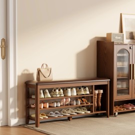 Wood 2-Tier Rectangular Shoe Rack Bench with Leather Cushion for Entryway & Bedroom 2 Tier Shoe Bench with Shoe XD008color: Walnut-wood seat, size: 39.4"W x 20.4"H x 11.8"D