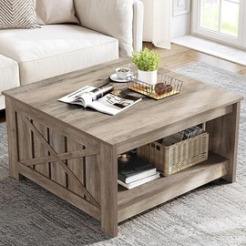 DWVO 【Springtok】DWVO Square Coffee Table for Living Room Farmhouse Coffee Table with Storage,2-Tier Wood Center Table with Half Open Storage Compartment