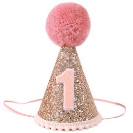 Agkvw - Corona de oro rosa para el primer cumpleaños y adornos para tartas, sombrero de fiesta para niñas, decoraciones con purpurina rosa