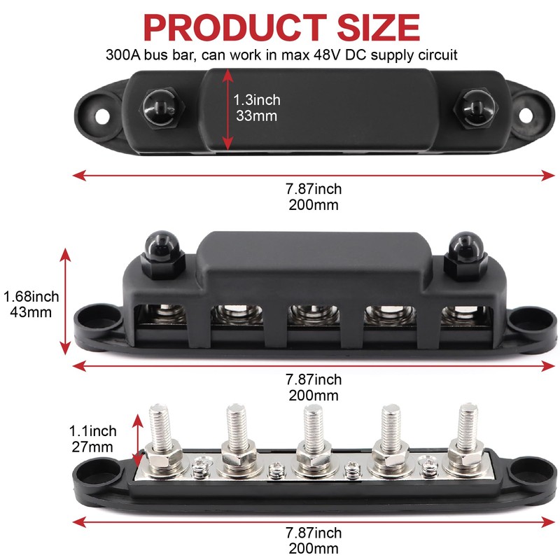 Tuijodaix 300A Bus Bar 5 Post 12V-48V DC Power Distribution