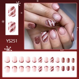 Press on Nails Short Christmas Glossy Full Cover Acrylic Square Shaped Winter False Nails with Snowflake Designs Artificial Square Xmas Holiday Fake Nails Glue ons Fingernails for Women Girls(YS251)