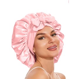 Mcoser Light Pink Silk Sleep Bonnets for Women,Adjustable Night Sleeping Cap,Elastic Band Silk Bonnet with Bow for Confinement Beauty&Hair Care