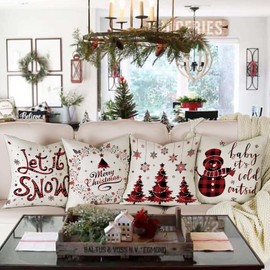 ZWJD Christmas Cushion Cover, 50 x 50 cm, Set of 4 Cushion Covers, Decorative Linen Cushion Covers for Christmas, Sofa, Bedroom, Couch, Cushion Cover, 50 x 50 cm