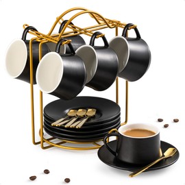 YHOSSEUN Ceramic Espresso Cups Set of 6, 4 Oz Expresso Shots Cup with Stand, Saucers & Spoons, Small Coffee Espresso Cup Demitasse Cups, Black