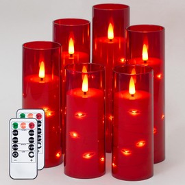 Yeelida Red Flameless Candles with Remote and String Light, 2.2"x 5",5",6",7",7",8" LED Battery Operated Plastic Flickering Timer Pillar Candles(Pack of 6,Turn On/Off String Light Mode)