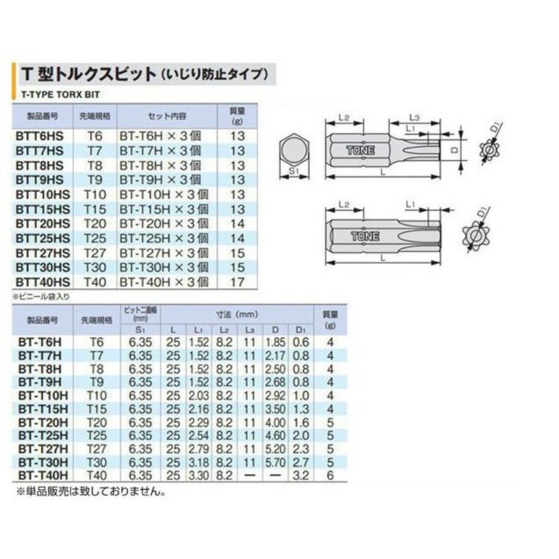 トネ(TONE) T型トルクスビット(いじり防止タイプ) BTT27HS ビット差込 T27H 内容3点