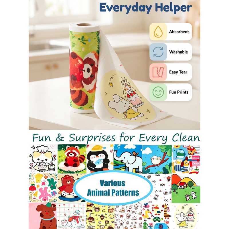 20pcs Animal Patterns Microfiber Cleaning Cloth Roll, Tear Away Washable