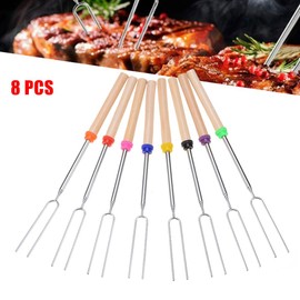 TOP-MAX 8Pcs Colourful Stainless Steel Wooden Handle BBQ Fork Set with Bag, Marshmallow Toasting Forks, Barbecue Smores Skewers, Hot Dog Campfire Pies Camping for Open Fire Pit