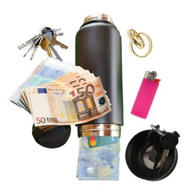 Genuine Large Aluminum and Black Secret Cache Flask with Double Bottom large enough to hide bank cards, money keys and more