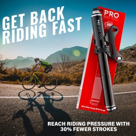 PRO BIKE TOOL Bike Pump with Gauge Fits Presta and Schrader - Accurate Inflation - Mini Bicycle Tire Pump for Road, Mountain and BMX Bikes, High Pressure 100 PSI, Includes Mount Kit
