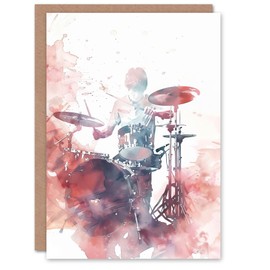 Artery8 Greeting Card Drummer Playing Drums Set Modern Watercolour Red Blank For All Him Or Her Art Birthday Card