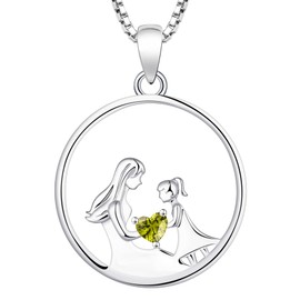 YL Mother Necklace 925 Sterling Silver Round Mom Pendant Created Peridot Jewelry for Women