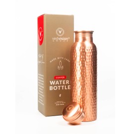 VedVision Copper Water Bottle - 32 Oz Pure Copper Water Bottle for Drinking Hammered Finish Design - Leak-Proof, Travel-Friendly, Wide Mouth