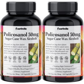 Earthville Policosanol 50mg Sugar Cane Wax Alcohol Octacosanol 10 20 Veggie Capsules, 120 Tablets, 2 Pieces / 어스빌 폴리코사놀 50mg 사탕수수왁스알코올 옥타코사놀 10 20 베지캡슐, 120정, 2개