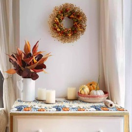 Ldtrchee Navy Blue Pumpkins Fall Table Runner - Cotton Linen 36 Inches Long, Orange White Thanksgiving Tablerunner Dress Scarves, Eucalyptus Autumn Table Runner for Dining/Coffee/Holiday, Rustic Beige