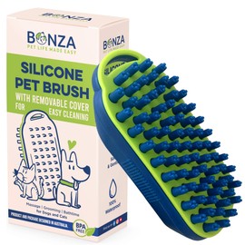 Bonza Cat and Dog Massage Brush, Easy to Clean Dog Bath Brush with Removable Screen, Soft Silicone Bristles are Gentle on Your Pet. Brushing for Medium to Long Haired Dogs and Cats
