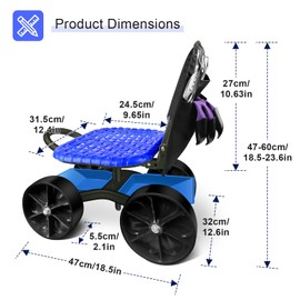 i Cover Garden Cart Rolling Stool with Four Wheels and Tool Bag, Stable Workseat Sturdy Carts Adjustable Seat Height and Direction, Gardening Helper, Dark Green