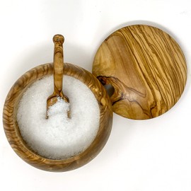 Ezo.Home Olive Wood Salt Cellar with Spoon and Lid, Elegant Salt Keeper Natural Handmade Design
