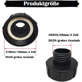 IBC Tank Adapter S100x8 zu S60x6, 100mm auf 60mm Grobgewinde, 2 Stück, Wassertank Anschluss für Regentonne
