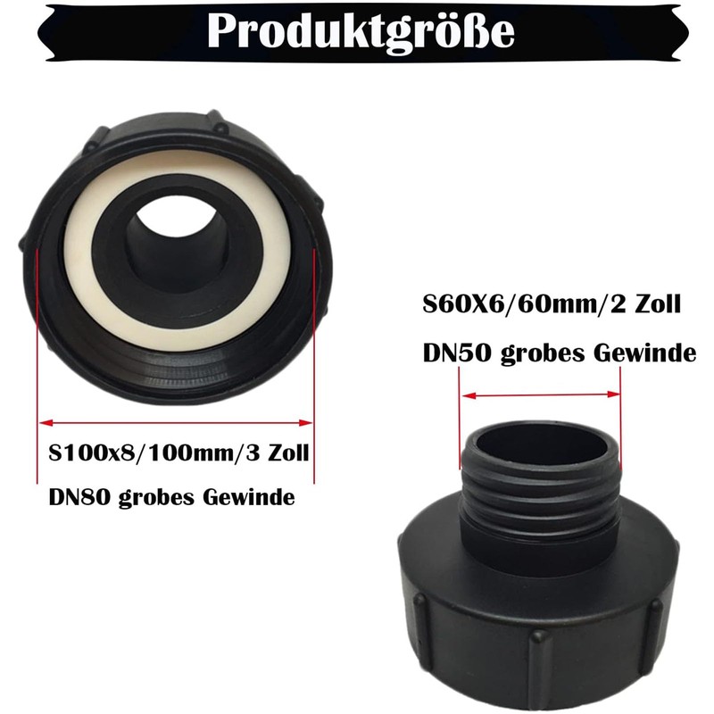 IBC Tank Adapter S100x8 zu S60x6, 100mm auf 60mm Grobgewinde,