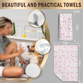 LUKIPOM Coquette Pink Bow Ribbon Cherry Kitchen Towels, Pink Preppy Girly Dish Tea Towels for Kitchen Decor, Preppy Coquette Aesthetic Bow Hand Towels for Bathroom Decor, 16x24 Inches