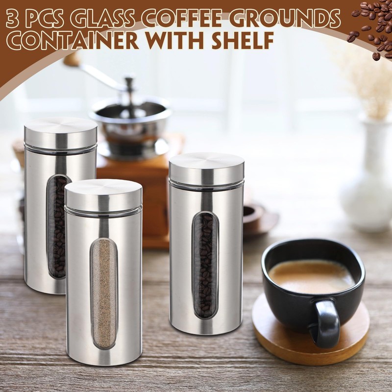 Suclain Stainless Steel Coffee Grounds Canisters with Shelf 3 x