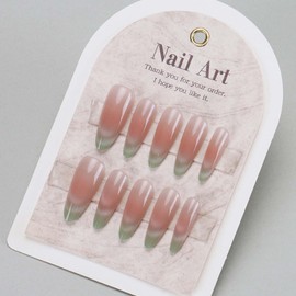 Hkanlre Almond Fake Nails Green Tips Full Cover False Medium French Nails Blushed Press on Gradient Nails for Women 24PCS
