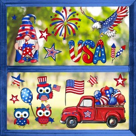 Yovkky 4th of July Gnome Owl Window Clings 9 Sheets, American Patriotic Eagle Truck Window Stickers Decal Decor, USA Independence Memorial Day Summer Holiday Window Glass Home Kitchen Decorations