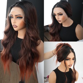 XCHJH Ombre Reddish Brown Synthetic Lace Front Wigs 26 Inch T Middle Part Synthetic Heat Resistant Wig Long Wavy Wigs for Women 13x4x1 T Part Lace Wigs